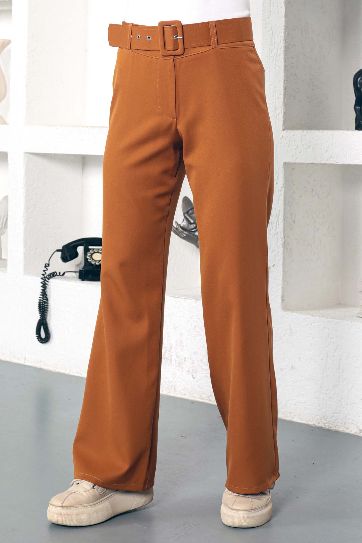 Tesettür Dünyası - Kemerli Bol Paça Pantolon TSD221110 Taba