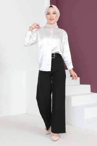 Kemerli Bol Paça Pantolon TSD230641 Siyah - Tesettür Dünyası (1)
