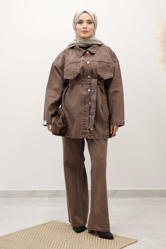 Kemerli Denim Takım TSD250231 Sütlü Kahve 