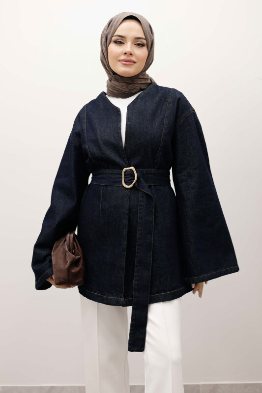 Kemerli Kot Ceket TSD250251 Koyu Mavi - TESETTÜR DÜNYASI