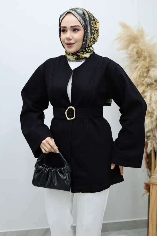 Kemerli Kot Ceket TSD250251 Siyah - Tesettür Dünyası
