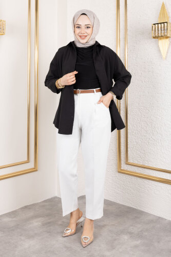 Kemerli Yüksek Bel Havuç Pantolon TSD250145 Beyaz 