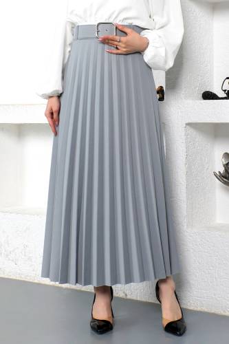 Kemerli Pileli Etek TSD230113 Gri 