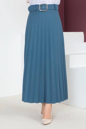 Kemerli Pileli Etek TSD230113 Mavi 