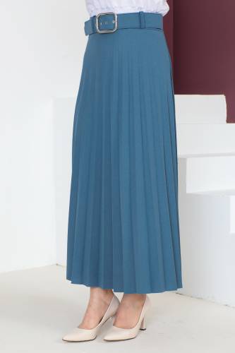 Kemerli Pileli Etek TSD230113 Mavi - 3