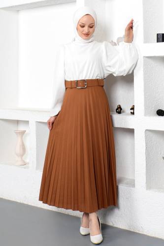 Kemerli Pileli Etek TSD230113 Taba - Tesettür Dünyası (1)