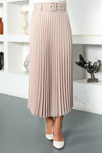 Kemerli Piliseli Tesettür Etek TSD221109 Bej - Tesettür Dünyası