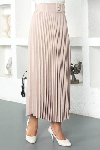 Kemerli Piliseli Tesettür Etek TSD221109 Bej - 4