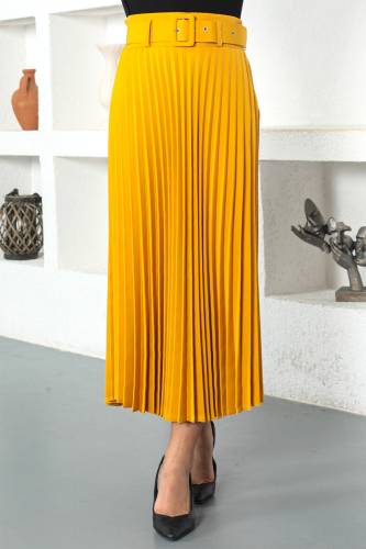 Kemerli Piliseli Tesettür Etek TSD221109 Hardal 