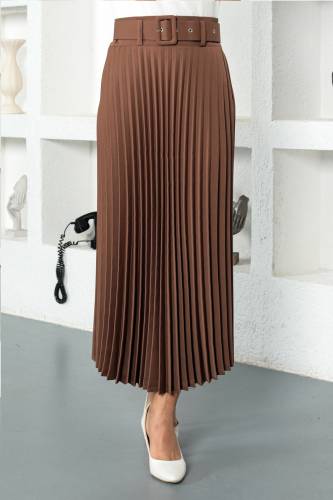 Kemerli Piliseli Tesettür Etek TSD221109 Kahverengi 