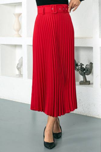 Kemerli Piliseli Tesettür Etek TSD221109 Kırmızı 