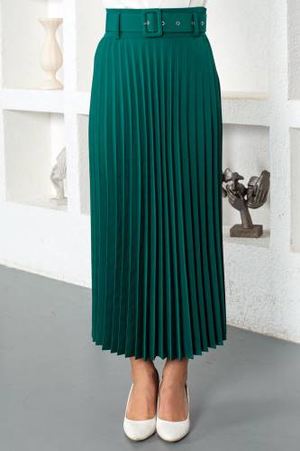 Kemerli Piliseli Tesettür Etek TSD221109 Zümrüt Yeşili - Tesettür Dünyası