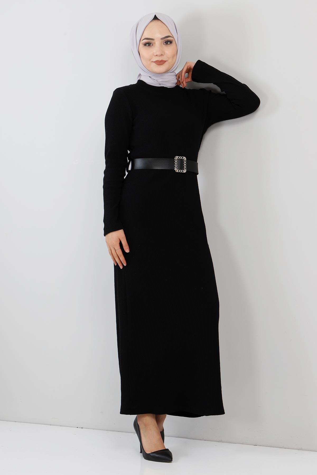 Tesettür Dünyası - Kemerli Triko Elbise TSD211222 Siyah