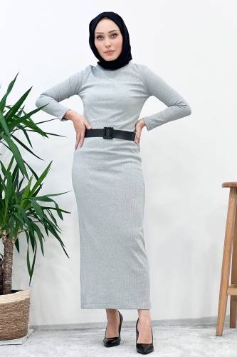 Kemerli Triko Elbise TSD221002 Gri 