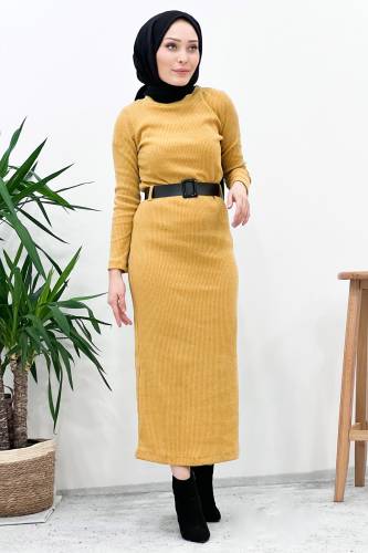 Kemerli Triko Elbise TSD221002 Hardal 