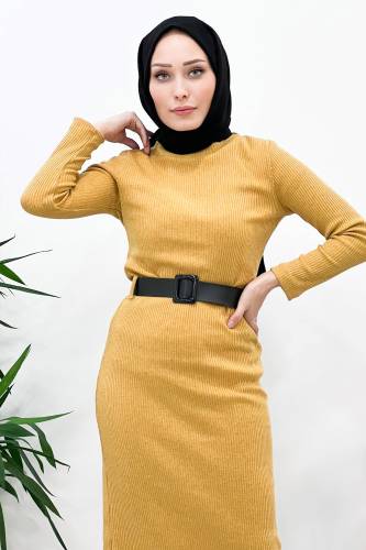 Kemerli Triko Elbise TSD221002 Hardal - Tesettür Dünyası (1)