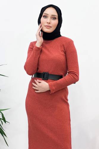 Kemerli Triko Elbise TSD221002 Kiremit - Tesettür Dünyası (1)