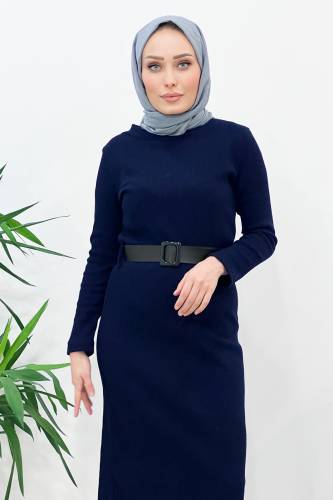 Kemerli Triko Elbise TSD221002 Lacivert - Tesettür Dünyası (1)