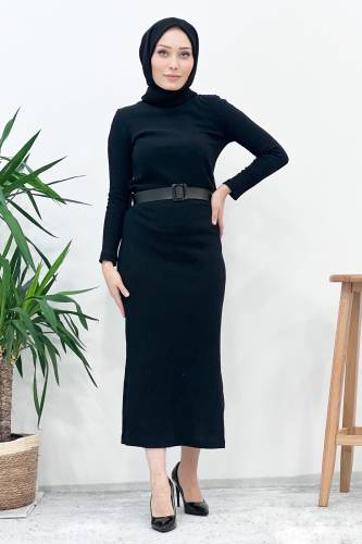 Kemerli Triko Elbise TSD221002 Siyah 