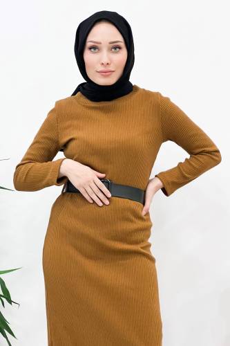 Kemerli Triko Elbise TSD221002 Taba - 2