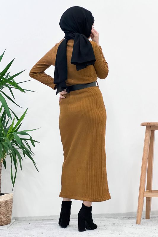Kemerli Triko Elbise TSD221002 Taba - 5