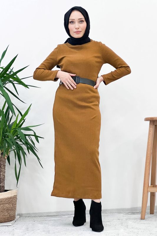 Kemerli Triko Elbise TSD221002 Taba - 1