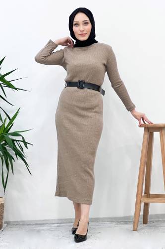 Kemerli Triko Elbise TSD221002 Vizon 