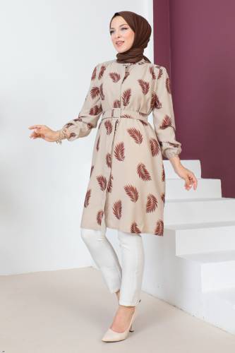 Kemerli Yaprak Desenli Tunik TSD230644 Kahverengi - 4