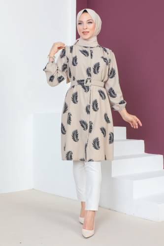 Kemerli Yaprak Desenli Tunik TSD230644 Siyah 