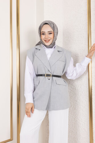 Vatkalı Kemerli Yelek TSD250151 Gri - Tesettür Dünyası (1)