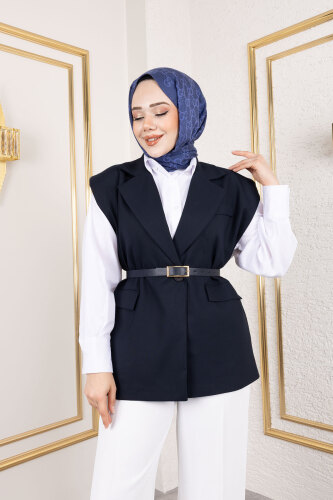 Vatkalı Kemerli Yelek TSD250151 Lacivert - Tesettür Dünyası (1)
