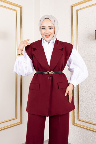 Kemerli Yelekli Takım TSD250189 Bordo - 2