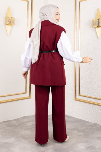Kemerli Yelekli Takım TSD250189 Bordo - 5