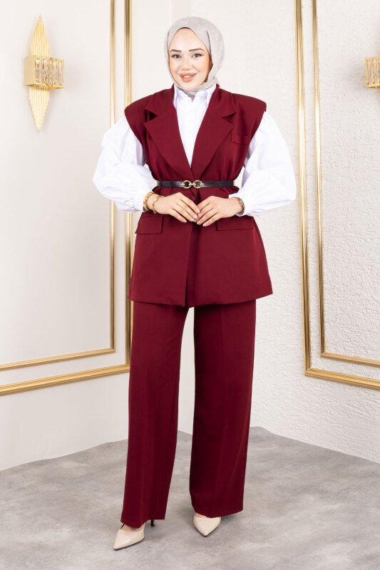 Kemerli Yelekli Takım TSD250189 Bordo - 3