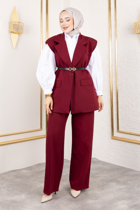 Kemerli Yelekli Takım TSD250189 Bordo - 4