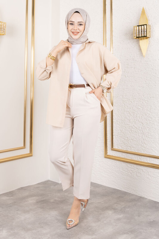 Kemerli Yüksek Bel Havuç Pantolon TSD250145 Bej - 1