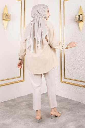 Kemerli Yüksek Bel Havuç Pantolon TSD250145 Bej - 5