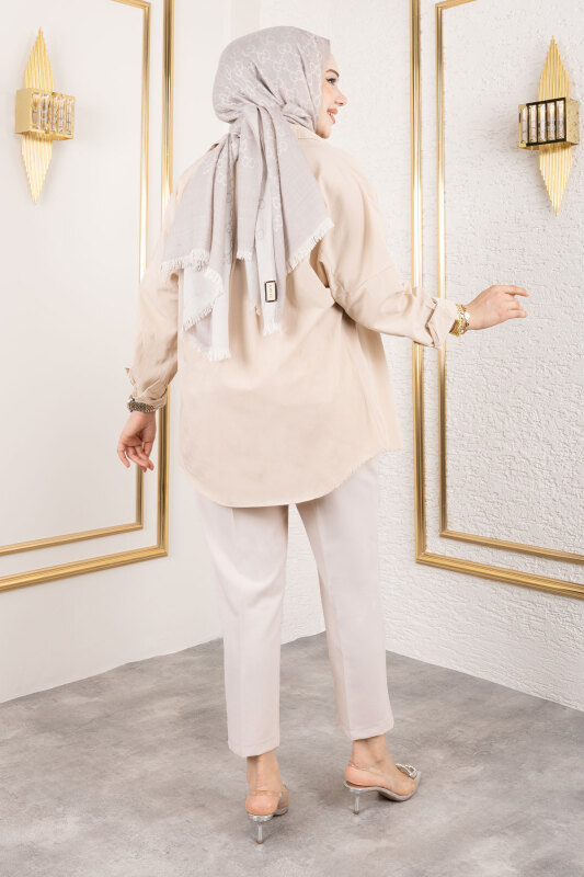 Kemerli Yüksek Bel Havuç Pantolon TSD250145 Bej - 5