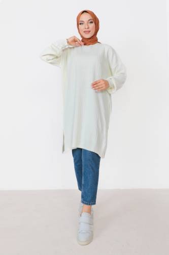 Kendinden Çizgili Triko Tunik TSD230907 Ekru 
