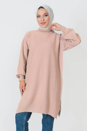 Kendinden Çizgili Triko Tunik TSD230907 Pudra - 2