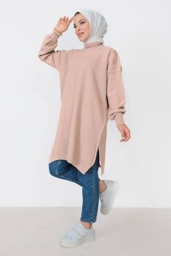 Kendinden Çizgili Triko Tunik TSD230907 Pudra - 4