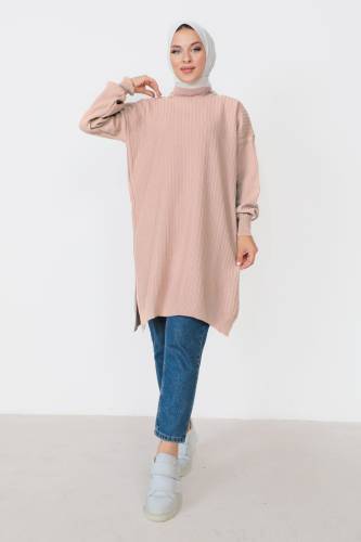 Kendinden Çizgili Triko Tunik TSD230907 Pudra 