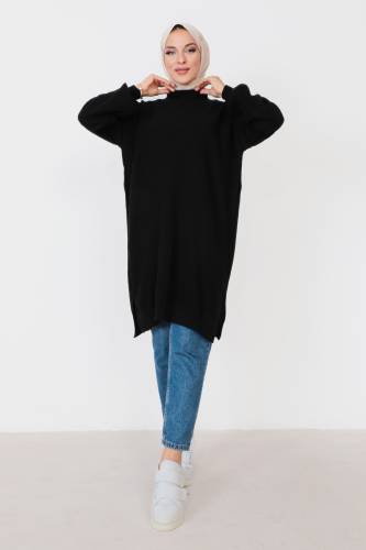 Kendinden Çizgili Triko Tunik TSD230907 Siyah - 1