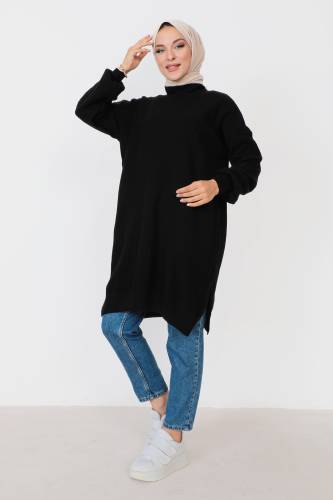 Kendinden Çizgili Triko Tunik TSD230907 Siyah - 3