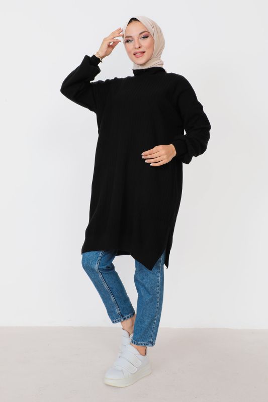 Kendinden Çizgili Triko Tunik TSD230907 Siyah - 3