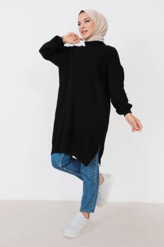 Kendinden Çizgili Triko Tunik TSD230907 Siyah - 4