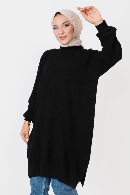 Kendinden Çizgili Triko Tunik TSD230907 Siyah - 2