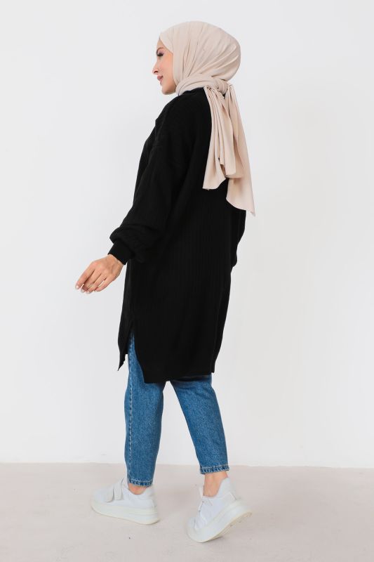 Kendinden Çizgili Triko Tunik TSD230907 Siyah - 5