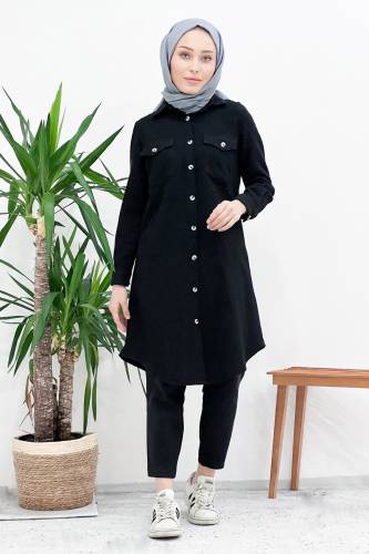 Kendinden Desenli Gömlek TSD221008 Siyah 