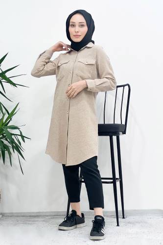 Kendinden Desenli Gömlek TSD221008 Vizon 